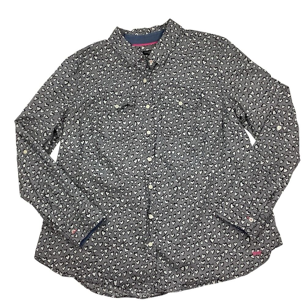 Talbots Button Front Shirt Top Heart Print Roll Tab Sleeve Women 14W Black White - Picture 5 of 15
